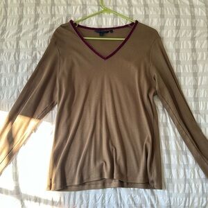 Boden light brown top with purple velvet lined V neck
